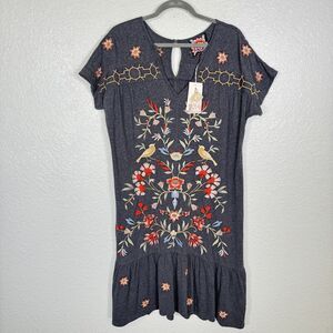Johnny Was Dress Women Small Clara Knit Embroidered Floral Bird Trapeze Boho NEW